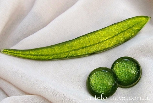 Green gum leaf resin brooch and matching earrings